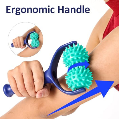 Handheld Spiky Massage Balls Rollers, 2 Wheel Spiky Massage Ball Rollers Silicone Manual Massage Roller with Handle Pressure Point Muscle Massage Tool for Foot Arm Body Neck Leg Pain Pressure Relief - color: Blue Green