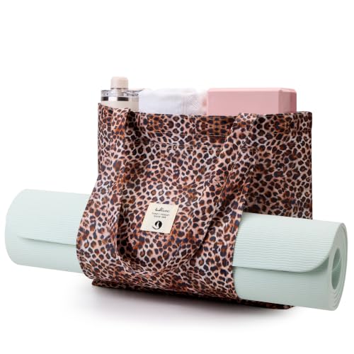 WLLWOO Yoga Mat Carrier Bag for Women Canvas Carryall Tote Gym Pilates | Large Holder Zipper Shoulder for Beach Travel Workout Fitness Office - color: Brown Leopard