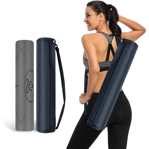 Natural Rubber Yoga Mat - Non Slip Non Toxic - 5mm Thick Yoga Mat for Hot Yoga/Pilates - Extra Large 26.8’’ with Alignment Guide - Sweat Proof - with Carrying Bag - color: Dark Grey