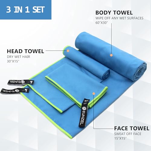 Eunzel Quick Dry Camping Towel, Microfiber Travel Towel 3 Size at 1 Pack,Fast Drying Towel Set for Camping, Beach, Gym, Sports, Yoga & Swimming Pool, Blue - color: Blue