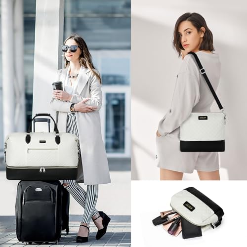 ITIEZY Weekender Bag for Women 21.5" Travel Duffel Large Carry On Bag 3PCS | Nylon Duffel Bag with Waterproof Shoe Compartment, Crossbody Bag and Toiletry Bag, Travel Weekend Hospital Overnight Gym Bag - color: 6-Off White
