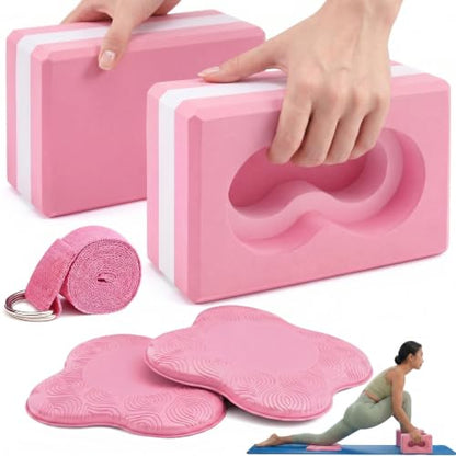 Yoga Blocks 2 Pack for Wrist Relief,Yoga Block with Knee Pads Strap - color: Pink
