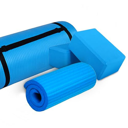 BalanceFrom 71x24 Inches Yoga Mat with Knee Pad and Optional Blocks – Extra 1-Inch Thick Non-Slip Foam with Anti-Tear Surface and Carrying Strap for Home, Studio, or Gym Workouts - color: Blue, style: Mat & Knee Pad & Yoga Blocks