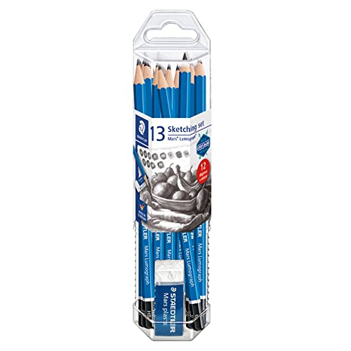 STAEDTLER Mars Lumograph 13pc Drawing Pencils & Eraser Set: 12 Hardness Grades 8B-2H, Mars Plastic Eraser, Pre-sharpened, Art Supplies for Drawing, Shading, Drafting & Illustrating, All Skill Levels - style: 12 Pack w Eraser
