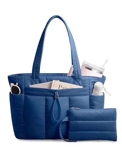 TOPDesign Puffy Tote Bag for Women with Cup Holder & Laptop Compartment & Cosmetic Bag & Trolley Sleeve for Work, Travel - color: Blue, size: Medium