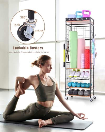 Mythinglogic Home Gym Storage Rack with Wheels for Dumbbells and Yoga Mats - color: Black+Brown