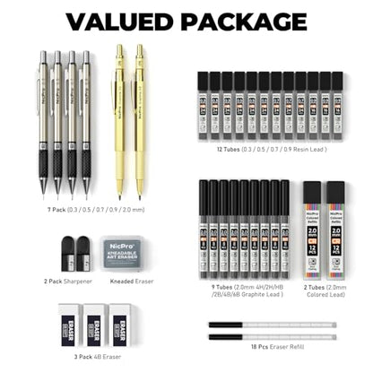 Nicpro 37PCS Gold Art Mechanical Pencil Set, 0.3/0.5/0.7/0.9/2mm Point | 360 Lead Refills(6B 4B 2B HB 2H 4H) 4 Erasers+18 Eraser Refills, Full Metal, School Supplies for Sketching Drawing Drafting - color: Gold, style: 0.3 0.5 0.7 0.9 2.0