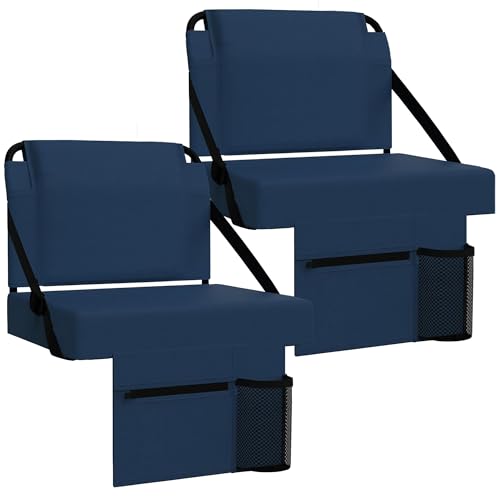 2pcs Stadium Seat for Bleachers with Back Support，Portable Bleacher Chairs with Back and Cushion，Includes Shoulder Strap and Cup Holder - color: Navy,2 Pack