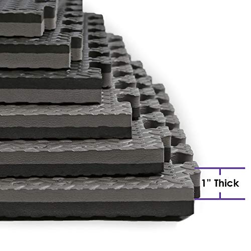 Xspec 1" Extra Thick 48 sq ft Reversible EVA Gym Foam Floor Mat Tiles (24" x 24"), Steel Pattern, 12 pcs, Black & Grey