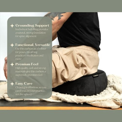 Black Velvet Embroidered Meditation Cushion - Buckwheat Filled with Lavender and Removable Foam Pad - Ideal for Yoga, Stress Relief, Mindfulness, and Holistic Living