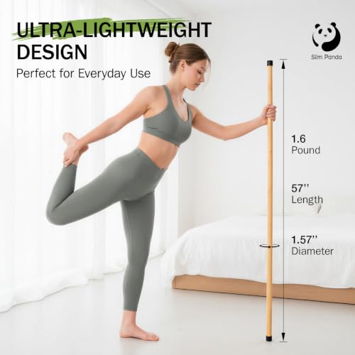 Slim Panda 5FT Yoga Stick - Natural Bamboo Stretching Stick with Non-Slip Caps - 1.57" Thick Exercise Balance Pole for Posture Correction & Physical Therapy