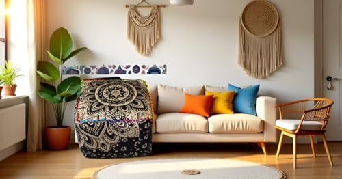 CRAFT KALA Mandala Meditation Floor Pillows Cover Square Pillow Seating Hippie Decorative Adults Bohemian Cushion Cover Outdoor Living Room Throw Ottoman Poufs Cover 16X16X14 inches, Black Gold Flower - color: Black Gold Flower, size: 16x16x14 inches
