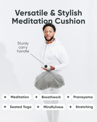 Mindful & Modern Large Meditation Cushion | Zafu Yoga Bolster Meditation Floor Pillow Seat | Buckwheat Hull Filled Crescent Shaped Cushion with Removable Washable Cover + Carry Handle | Grey - color: Crescent - Grey