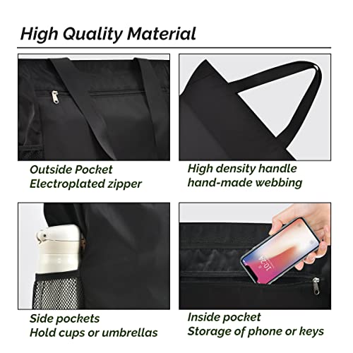Buringer Large Waterproof Beach Bag for Women Sandproof Tote Bag with Zipper and Pockets Pool Bag for Travel Gym Vacation - color: Black