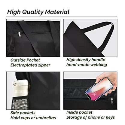 Buringer Large Waterproof Beach Bag for Women Sandproof Tote Bag with Zipper and Pockets Pool Bag for Travel Gym Vacation - color: Black