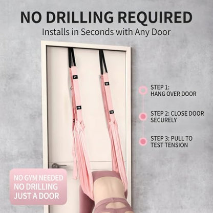 Door Aerial Hammock Swing - No Drilling Over Door Yoga Stretch Straps for Stretching, Inversion Pilates Kit, Anti-Gravity Home Workout - Pink/Purple