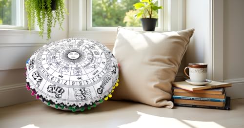 Round Mandala Floor Pillow Cover Seating Cushion Throw Cover Hippie Decorative Bohemian Ottoman Pouf Cover, Pom Pom Pillow Cases,Boho Indian 32 Inches Black and White Zodiac - color: Black/White Zodiac, size: 32" Round