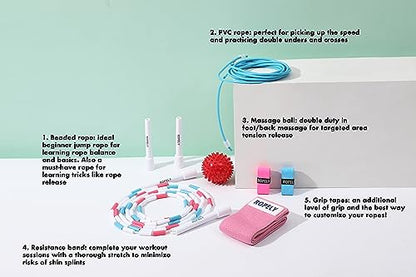 Jump Rope Kit for Beginners – 2-in-1 Segmented & Speed Rope with Resistance Band, Massage Ball & Grip Tape – Adjustable Skipping Rope Set for Women, Men & Kids - color: Pink/Blue