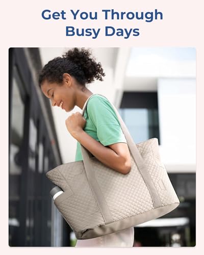 BAGSMART Crush Tote Bag for Women, 20L Puffer Work Tote with Zipper, Travel Essentials Quilted Nurse Hospital Bag - color: Beige