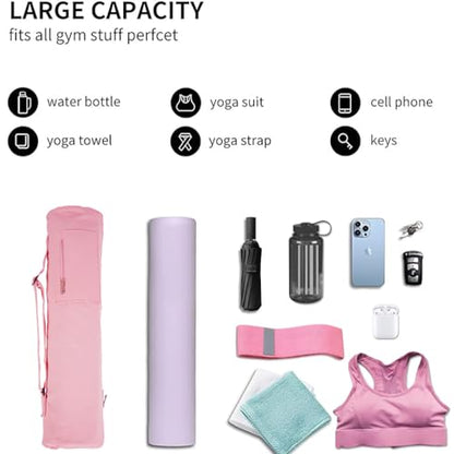Cotton yoga mat bag with Pockets and Adjustable Strap - Full Zip Cargo Yoga Mat Carrier Bag - Bag for 1/4" 1/3" Thick Yoga Mat - color: Pink, size: L