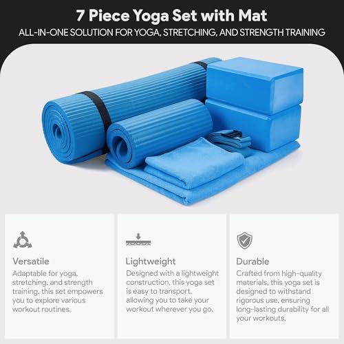 BalanceFrom 7-Piece Yoga Set with 71x24x0.5 Inches Extra Thick Mat and Carrying Sling – Includes 2 Blocks, Stretch Strap, 2 Towels, and Knee Pad for Home, Studio, and Gym Workouts - color: Blue