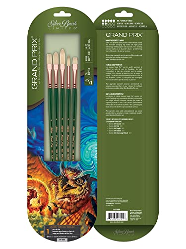 Silver Brush Limited Grand Prix Plein Air Oil Paintbrush Set, 5pc | Round, Flat, Bright, Filbert, Long Handle, Stiff Flagged Hog Bristle, Landscape, Botanical, Floral Designs, Easel Painting