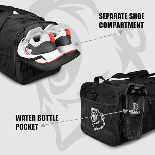 Beast Power Gear Gym Duffle Bag- Workout, Boxing, MMA, Sports Bag with Shoes Compartment and Adjustable Shoulder Strap for Men and Women (Black) - color: Black