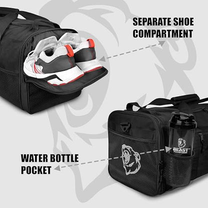 Beast Power Gear Gym Duffle Bag- Workout, Boxing, MMA, Sports Bag with Shoes Compartment and Adjustable Shoulder Strap for Men and Women (Black) - color: Black