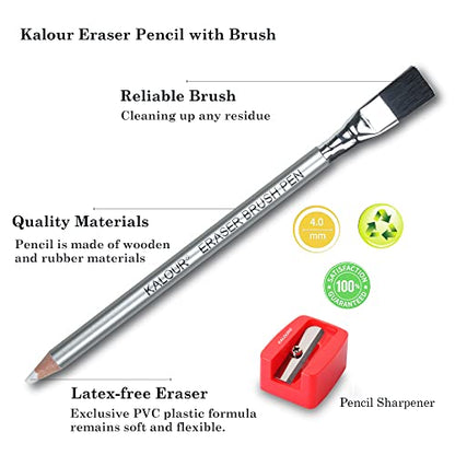 KALOUR Detail Eraser Pencil - 6pc Pencils with Brush and 2pc Sharpener,Erasing Small Details or add Highlights for Sketching, Charcoal Drawings. Fine Detail Eraser for Beginners & Artists