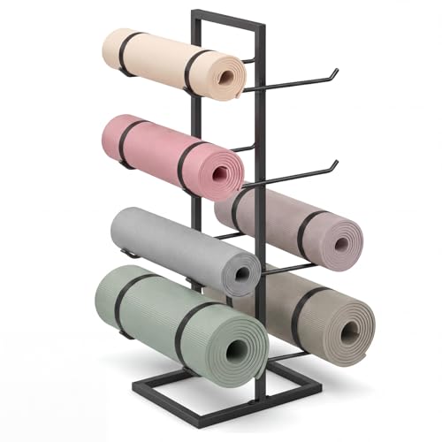 Cinnvoice 4-tier Yoga Mat Holder for Home Gym, Freestanding Metal Yoga Mat Storage Rack with Hooks for Foam Rollers, Resistance Bands, Space Saving Organizer Stand