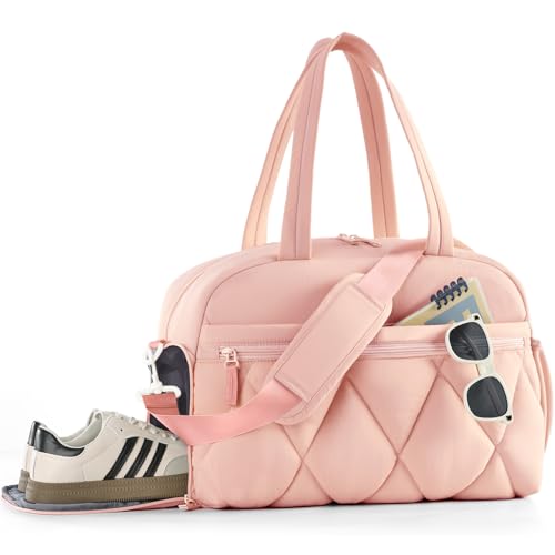Women's Duffle Gym Bag, Carry-On Shoe Compartment for Weekender Overnight - color: Pink, size: Medium
