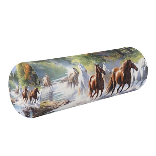 Horses Painting Neck Roll Pillow - Extra Dense Memory Foam Round Cylinder Bolster for Cervical Support, Spondylosis, Neck Pain Relief - color: Horses Painting