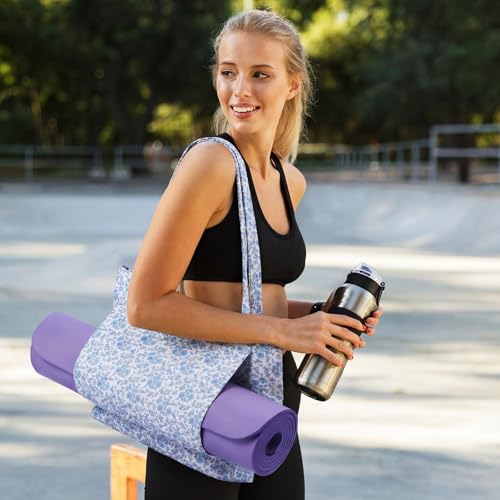 Sadnyy Blue Floral Quilted Yoga Bags with Mat Pocket for Women, Cute Cotton Floral Yoga Tote Carrier with Shoulder Strap, Ideal for Pilates, Travel, Office, Beach & Workout