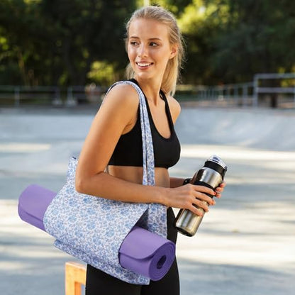 Sadnyy Blue Floral Quilted Yoga Bags with Mat Pocket for Women, Cute Cotton Floral Yoga Tote Carrier with Shoulder Strap, Ideal for Pilates, Travel, Office, Beach & Workout