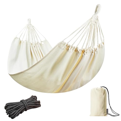 JoyView Brazilian Double Hammock with Hanging Ropes Extra Large 86.6x59” Portable Cotton Hammock for Patio Backyard Porch 450LBS Weight Capacity Perfect for Outdoor/Indoor - Natural White - color: Natural White