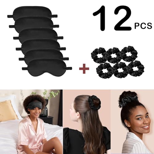 12Pcs Silk Sleep Masks Satin Eye Mask Silky Eyes Cover Blindfold Eyeshade Hair Ties Scrunchy Travel Bridesmaids Gifts - color: Black