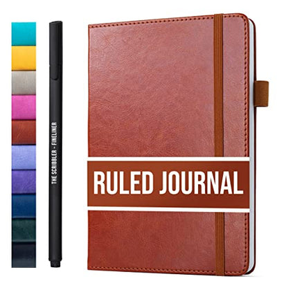 Lined Journal Notebook for writing + Free Pen! Ruled 200 pages, 120gsm Thick Paper with Sticky Notes,pen loop, elastic band, leather hard cover | Scribbles That Matter A5 journals, (5.75 x 8.2) - color: Chestnut