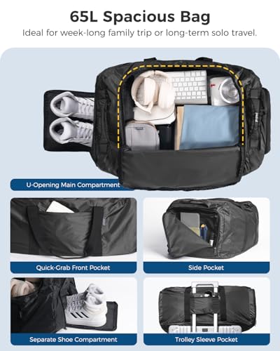 pack all 65L Foldable Travel Duffel Bag, Shoe Compartment Weekender Bag | Ultralight, Packable, Water Resistant, Tear Resistant Nylon, Detachable Strap, Luggage Sleeve, For Travel, Camping, Black - color: Black, size: 65L