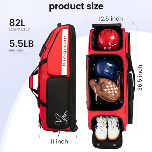 Catchers Gear Bag with Wheels for 4 Bats, 80L Rolling Baseball Bag - color: Red
