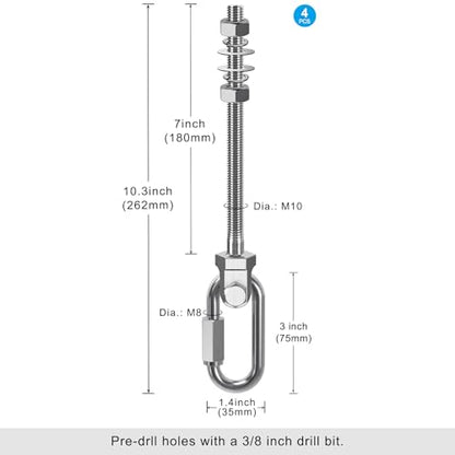 Dolibest Heavy Duty Swing Hanger, 304 Stainless Steel Swing Bolts w/Quick-Connect Carabiner, Swing Hook w/Dual-Screw Locking for Hammock, Yoga Swing, Porch Swing for Wood/Metal Beam-(M10X7'')-1500LB - color: M10X7''-4PCS