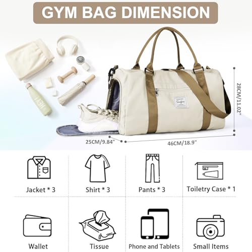 Gym Bag for Women Men with Shoes Compartment,Sports Duffle Bag Personal item travel Duffel Bags Tote Bag Small Carry on Weekender Overnight Bag Workout Dance Bag Hospital Holdalls Beige Brown - color: A19-Beige Brown