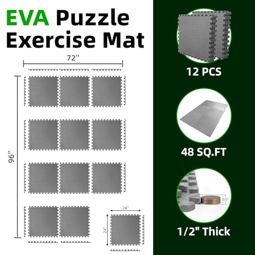 Art3d 12 Pack 24" x 24" EVA Interlocking Exercise Mats, 1/2" Thick Foam Puzzle Flooring for Workout, Gym Equipments, Training Areas, 48 Sq.FT, Grey - color: Grey, size: 48 Sq Ft
