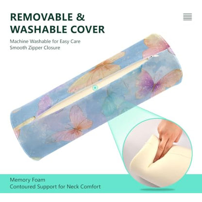 Neck Roll Pillow Bolster Pillows Round Health Memory Foam Long Cervical Cylinder Body Removable Washable Cover Bed Legs Back Yoga Butterfly Blue Pink - color: Butterfly 28