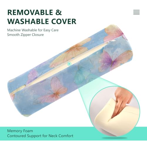 Neck Roll Pillow Bolster Pillows Round Health Memory Foam Long Cervical Cylinder Body Removable Washable Cover Bed Legs Back Yoga Butterfly Blue Pink - color: Butterfly 28