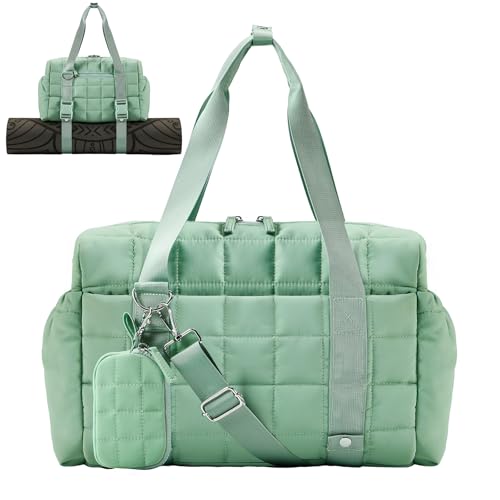 Small Gym Bag for Women, Puffy Sports Duffel Bag with Yoga Mat Holder - color: Green, size: Small