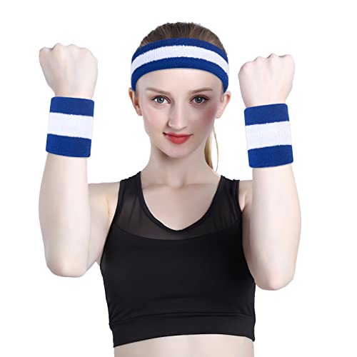 ONUPGO Sweatband Set Sports Headband Wristband Set Sweatbands Terry Cloth Wristband Wrist Sweatband Headbands Moisture Wicking Sweat Absorbing Head Band - color: Blue/White/Blue