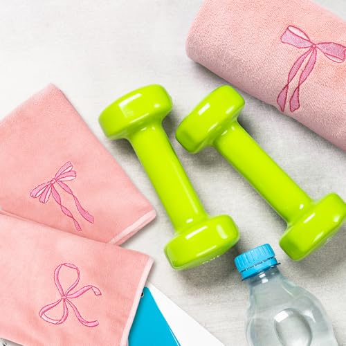 Tegeme 3 Pcs Bow Microfiber Gym Towels Coquette Embroidered Bow Bigger Size Soft Quick Drying Towels 14 x 31 Inches for Gym Exercise Fitness Sports Workout Spa Bathroom Kitchen Women Gifts
