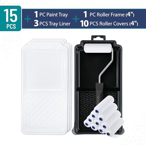 Bates- 4 Inch Foam Paint Roller Set, 15 pcs, Small Paint Roller Kit, 1x Black Plastic Paint Tray, 3X Transparent Tray Liners, 1x Roller Frame & 10x White Foam Covers
