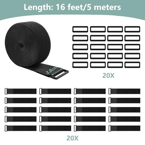 1.5In x 16Ft Cinch Straps Heavy Duty With 20 Buckles, Black Nylon Hook and Loop Straps, Reusable Long Cable Ties for Organizer or Storage (Pack of 3) - size: 1.5In x 16Ft (Pack of 3)