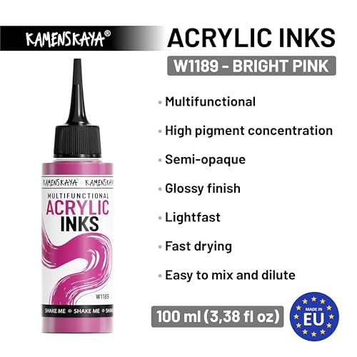 KAMENSKAYA Acrylic Inks for Artists - Bright Pink Acrylic Ink, 3.38 Fl Oz (100 ml) | Highly Concentrated, Multifunctional Liquid Acrylic Paint - color: Bright Pink
